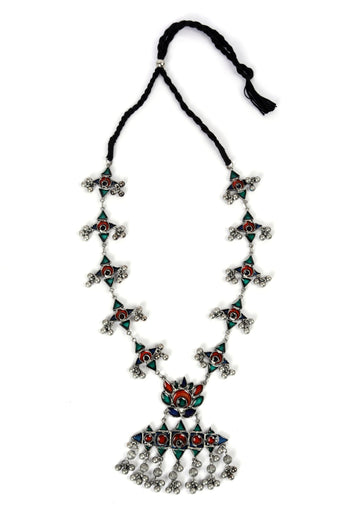 Afghani Silver Plated Multi Meenakari Ghungroo Tassel Necklace Set